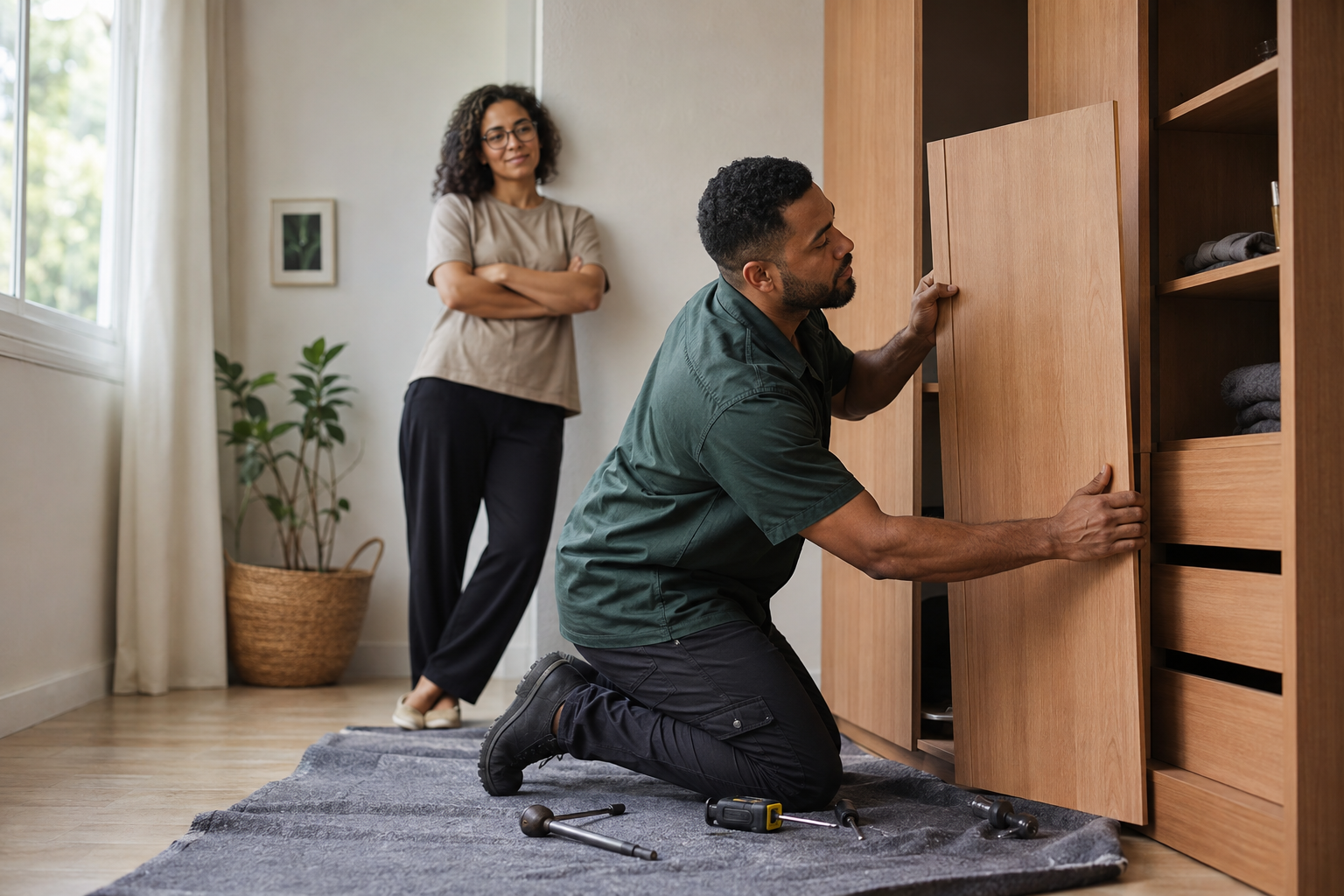 Profissional montando um guarda-roupa em uma casa